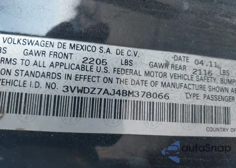 2011 Volkswagen Jetta 2.5L Se из США, поврежденный, VIN 3VWDZ7AJ4BM378066